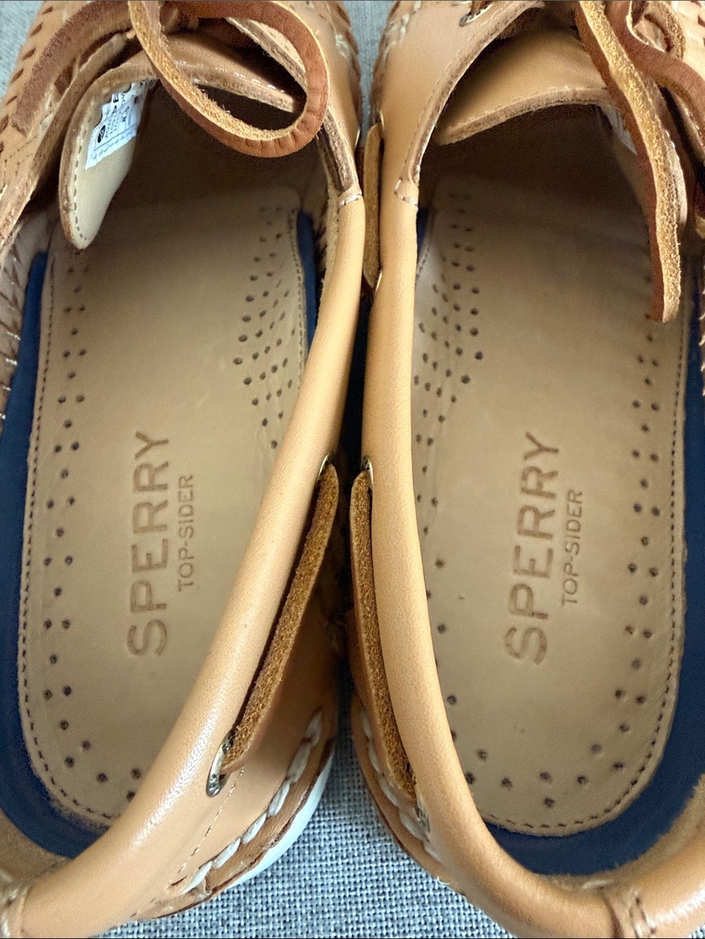 Sperry Women's eye woven boat shoes Tan Woven Leather Loafers with Navy Insole - Picture 7 of 10
